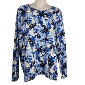The Talbots Tee Womens T Shirt XL Blue Floral Long Sleeve Cotton Spandex Knit